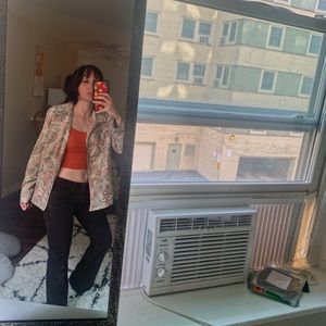 flared corduroys, orange tank and printed blazer!